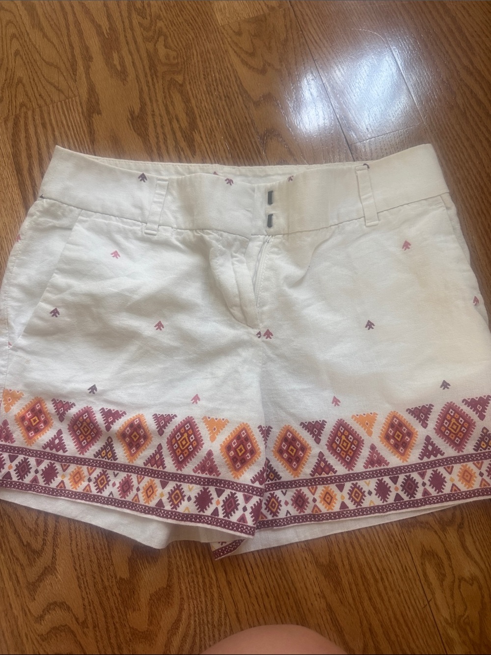 LOFT White Embroidered Border Shorts with Purple and Orange Accents